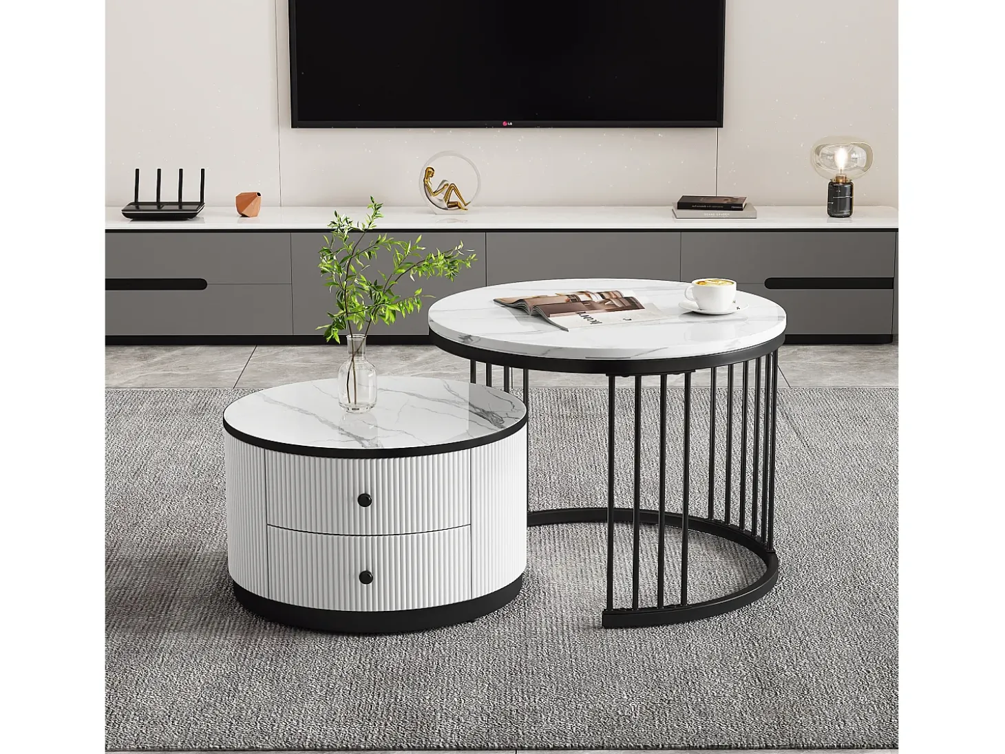 Conjunto de 2 mesas de centro encaixáveis com 2 gavetas - 60 x 60 x 45,5 cm + 50 x 50 x 32 cm - Aspecto de mármore brilhante - MDF - Preto e branco
