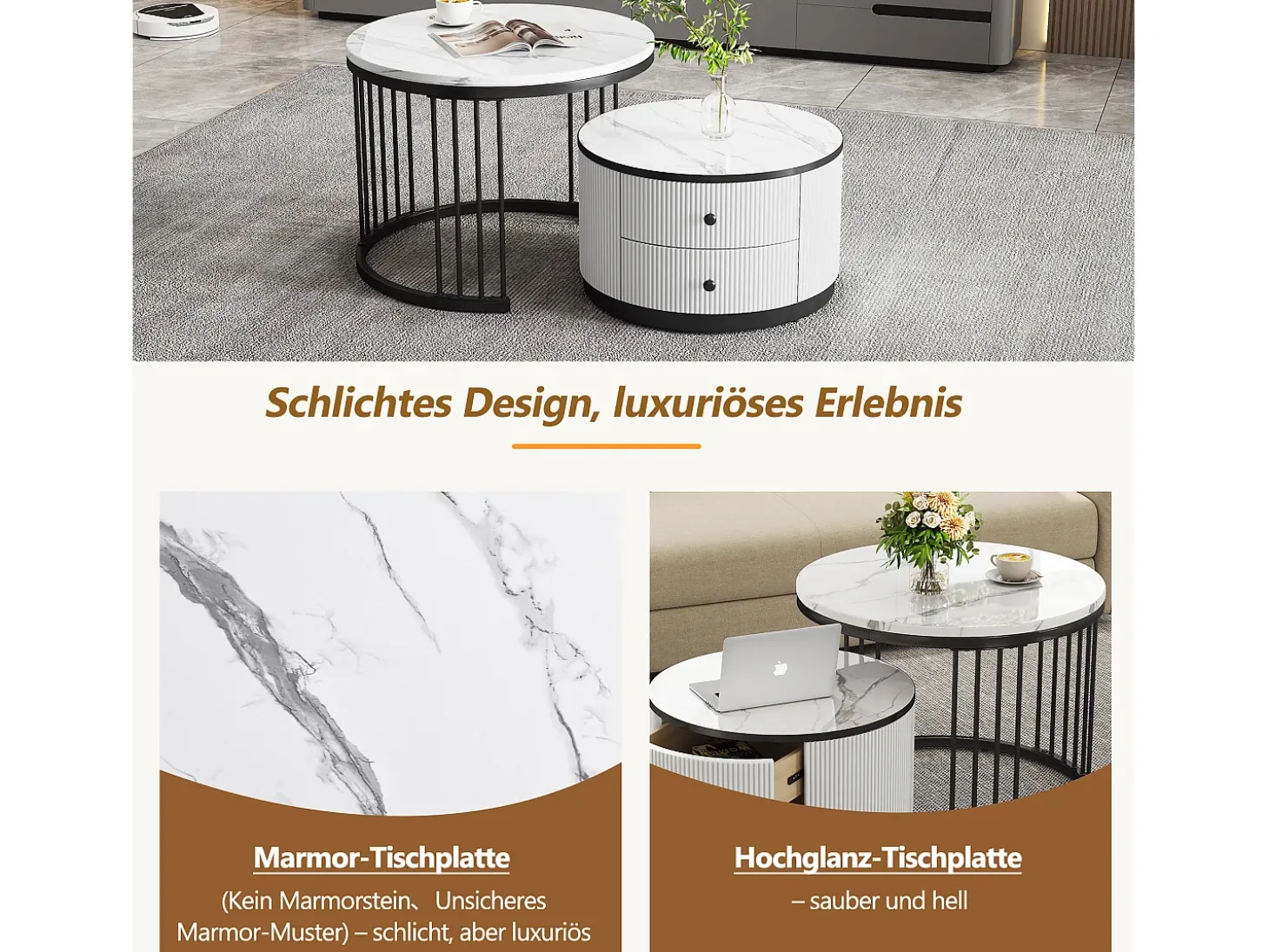Conjunto de 2 mesas de centro encaixáveis com 2 gavetas - 60 x 60 x 45,5 cm + 50 x 50 x 32 cm - Aspecto de mármore brilhante - MDF - Preto e branco