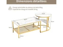 Conjunto de 2 mesas de centro encaixáveis, mesa encaixável com design de mármore, estrutura de metal dourado