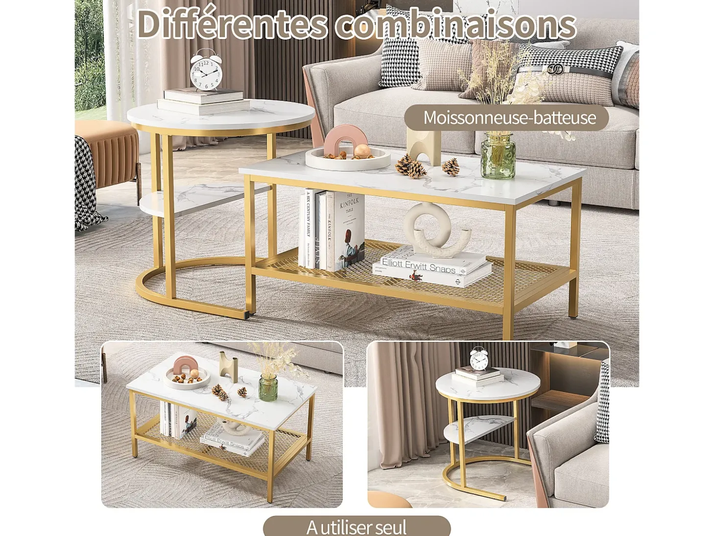 Conjunto de 2 mesas de centro encaixáveis, mesa encaixável com design de mármore, estrutura de metal dourado