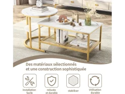 Conjunto de 2 mesas de centro encaixáveis, mesa encaixável com design de mármore, estrutura de metal dourado
