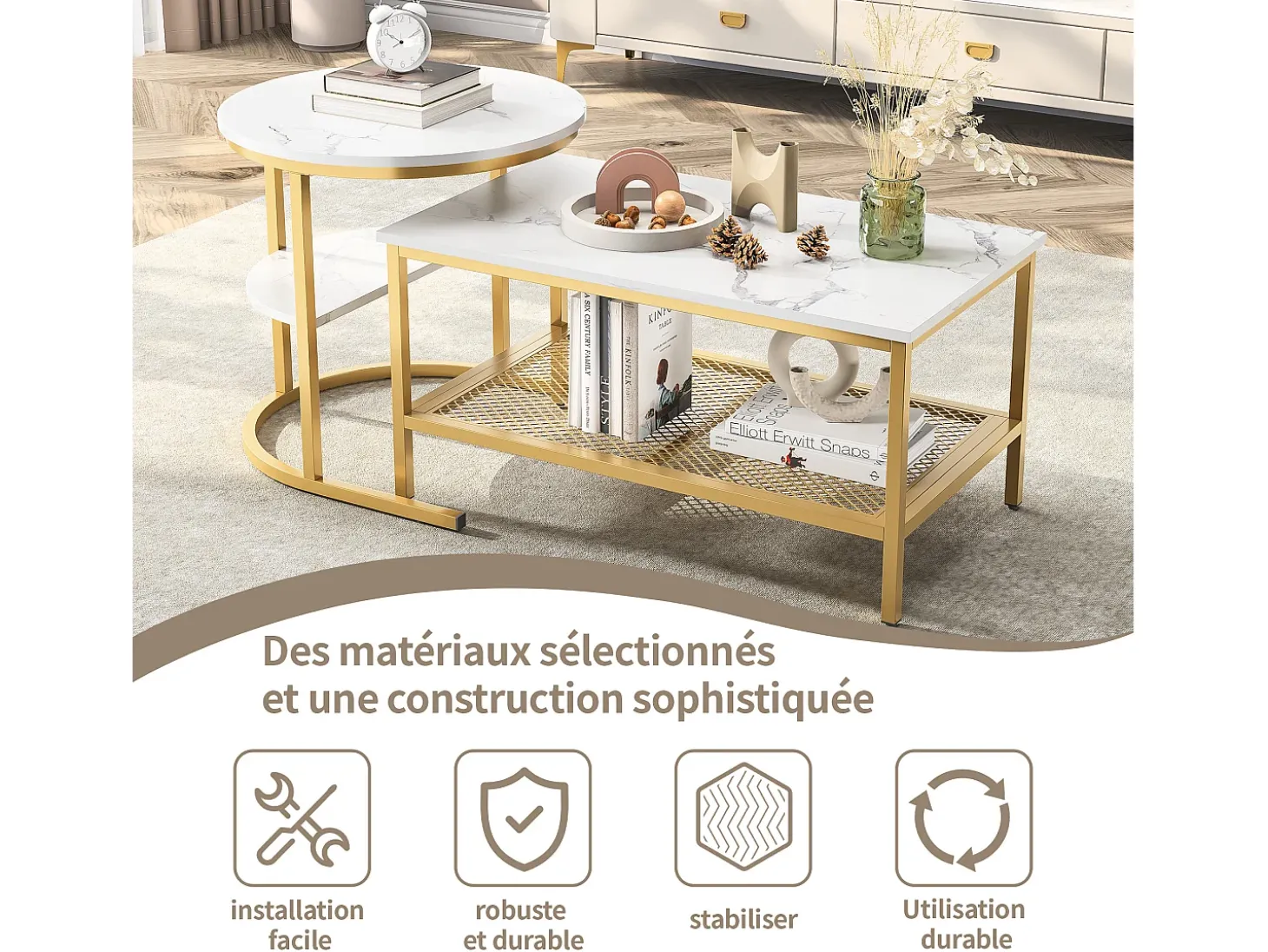 Conjunto de 2 mesas de centro encaixáveis, mesa encaixável com design de mármore, estrutura de metal dourado