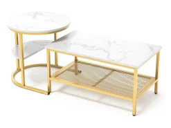 Conjunto de 2 mesas de centro encaixáveis, mesa encaixável com design de mármore, estrutura de metal dourado