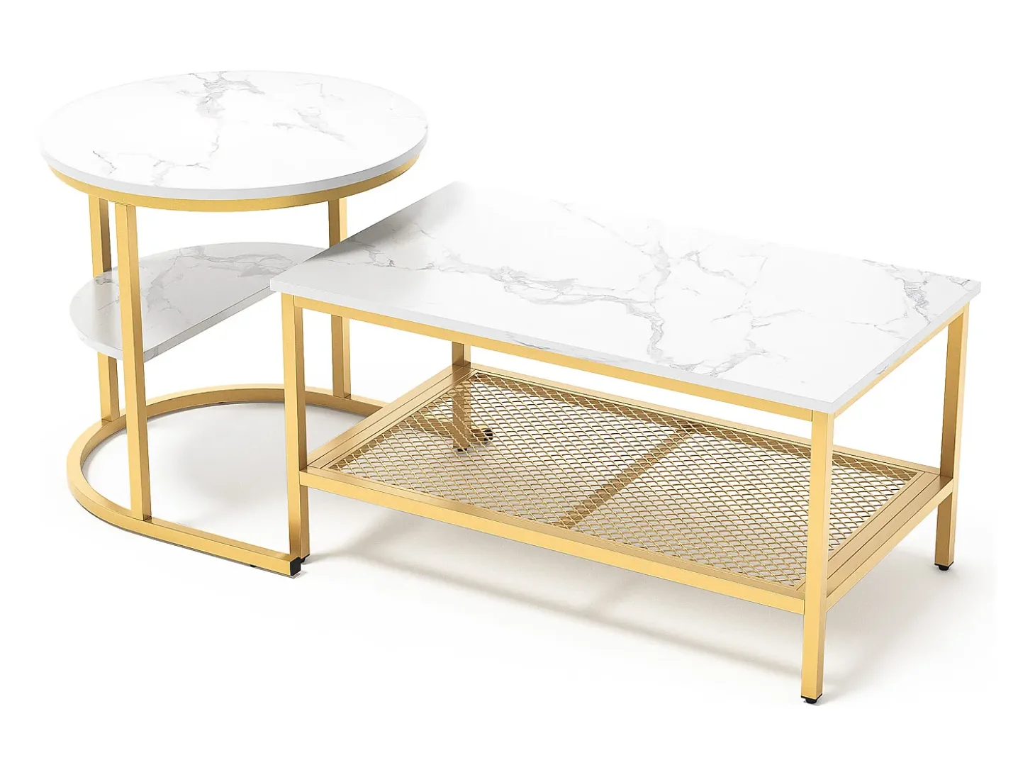 Conjunto de 2 mesas de centro encaixáveis, mesa encaixável com design de mármore, estrutura de metal dourado