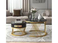 Conjunto de 2 mesas de centro encastradas com gaveta - madeira MDF e metal - tampo padrão mármore - preto