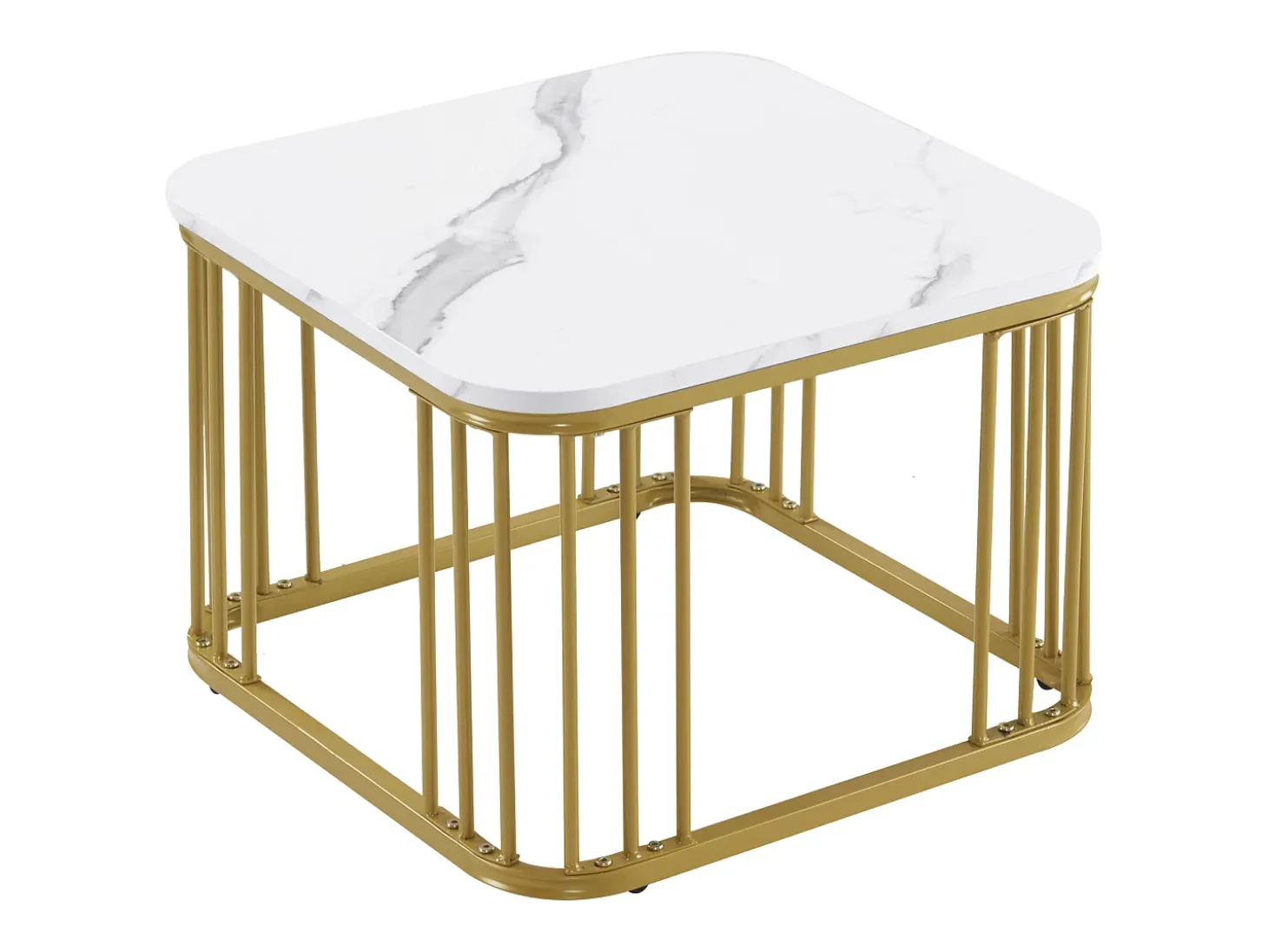 Conjunto de 2 mesas de encastrar - tampo em MDF com padrão mármore - pés dourados - Branco e Dourado