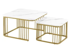 Conjunto de 2 mesas de encastrar - tampo em MDF com padrão mármore - pés dourados - Branco e Dourado
