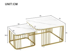 Conjunto de 2 mesas de encastrar - tampo em MDF com padrão mármore - pés dourados - Branco e Dourado