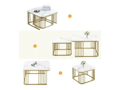 Conjunto de 2 mesas de encastrar - tampo em MDF com padrão mármore - pés dourados - Branco e Dourado