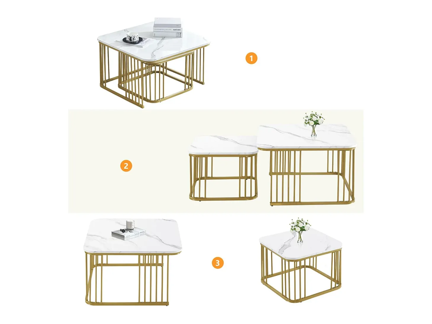 Conjunto de 2 mesas de encastrar - tampo em MDF com padrão mármore - pés dourados - Branco e Dourado