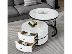 Conjunto de 2 mesas de encaixe com 2 gavetas, tampo com efeito mármore - Branco e preto