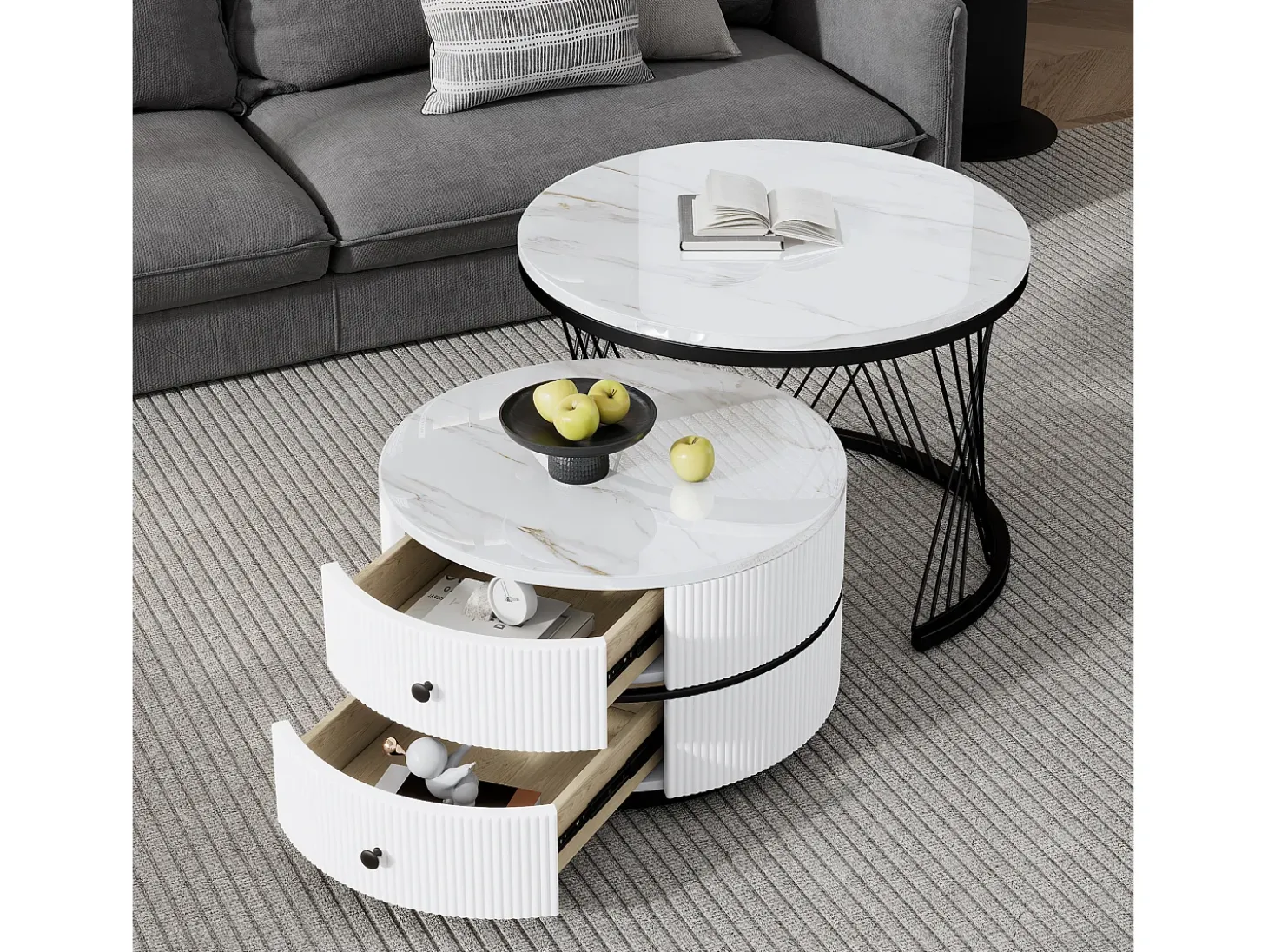 Conjunto de 2 mesas de encaixe com 2 gavetas, tampo com efeito mármore - Branco e preto