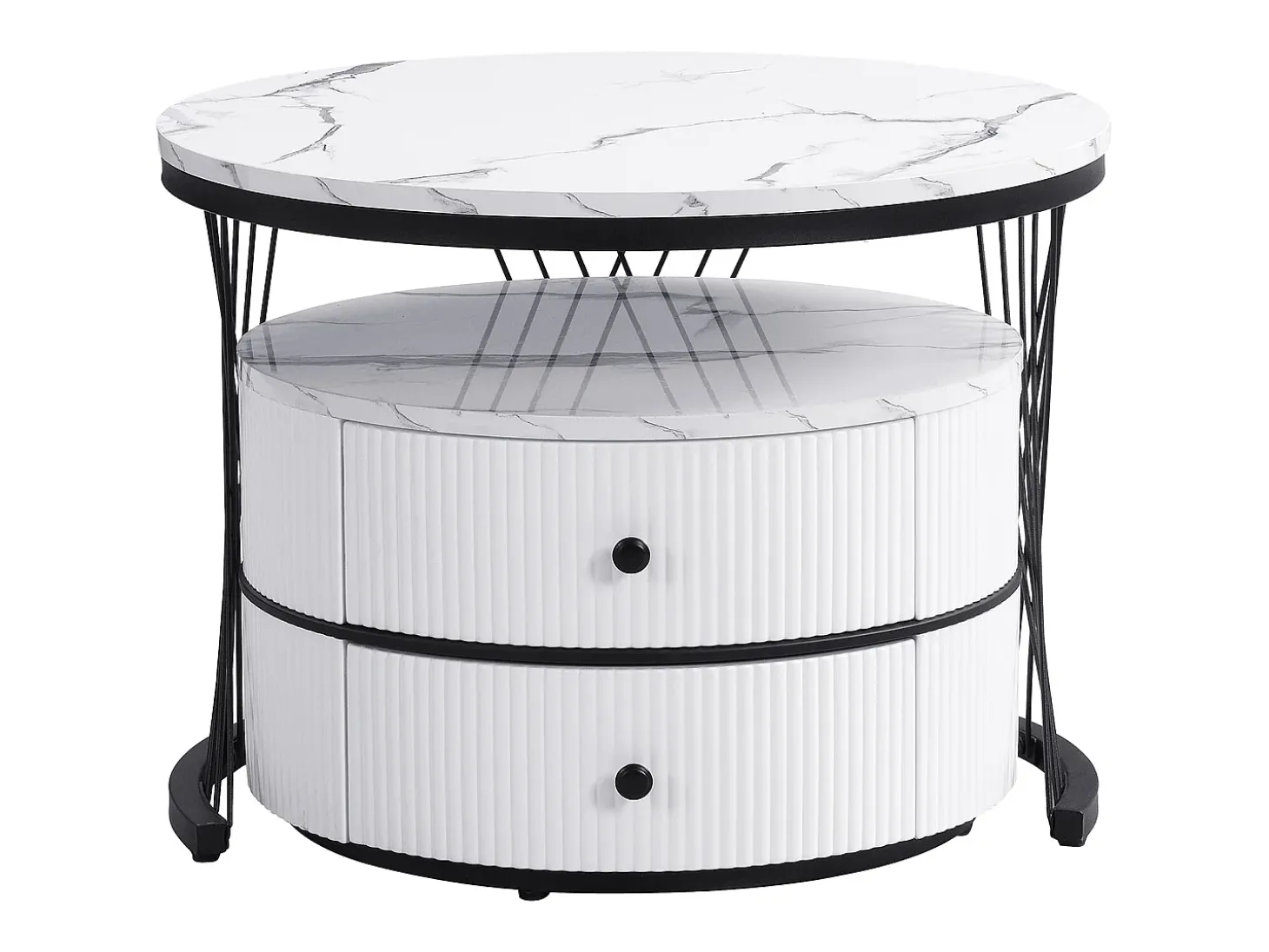 Conjunto de 2 mesas de encaixe com 2 gavetas, tampo com efeito mármore - Branco e preto