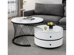 Conjunto de 2 mesas de encaixe com 2 gavetas, tampo com efeito mármore - Branco e preto