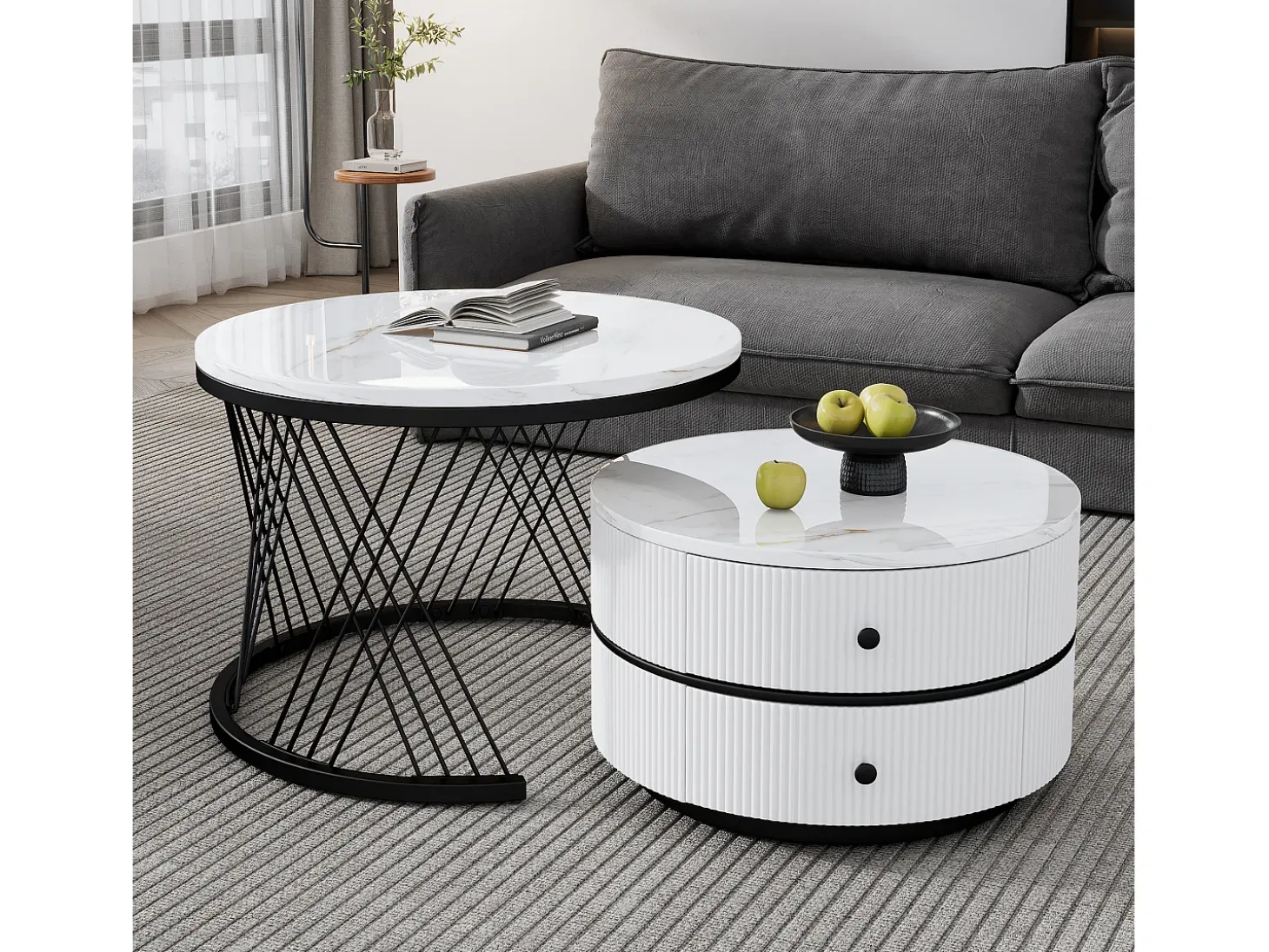 Conjunto de 2 mesas de encaixe com 2 gavetas, tampo com efeito mármore - Branco e preto