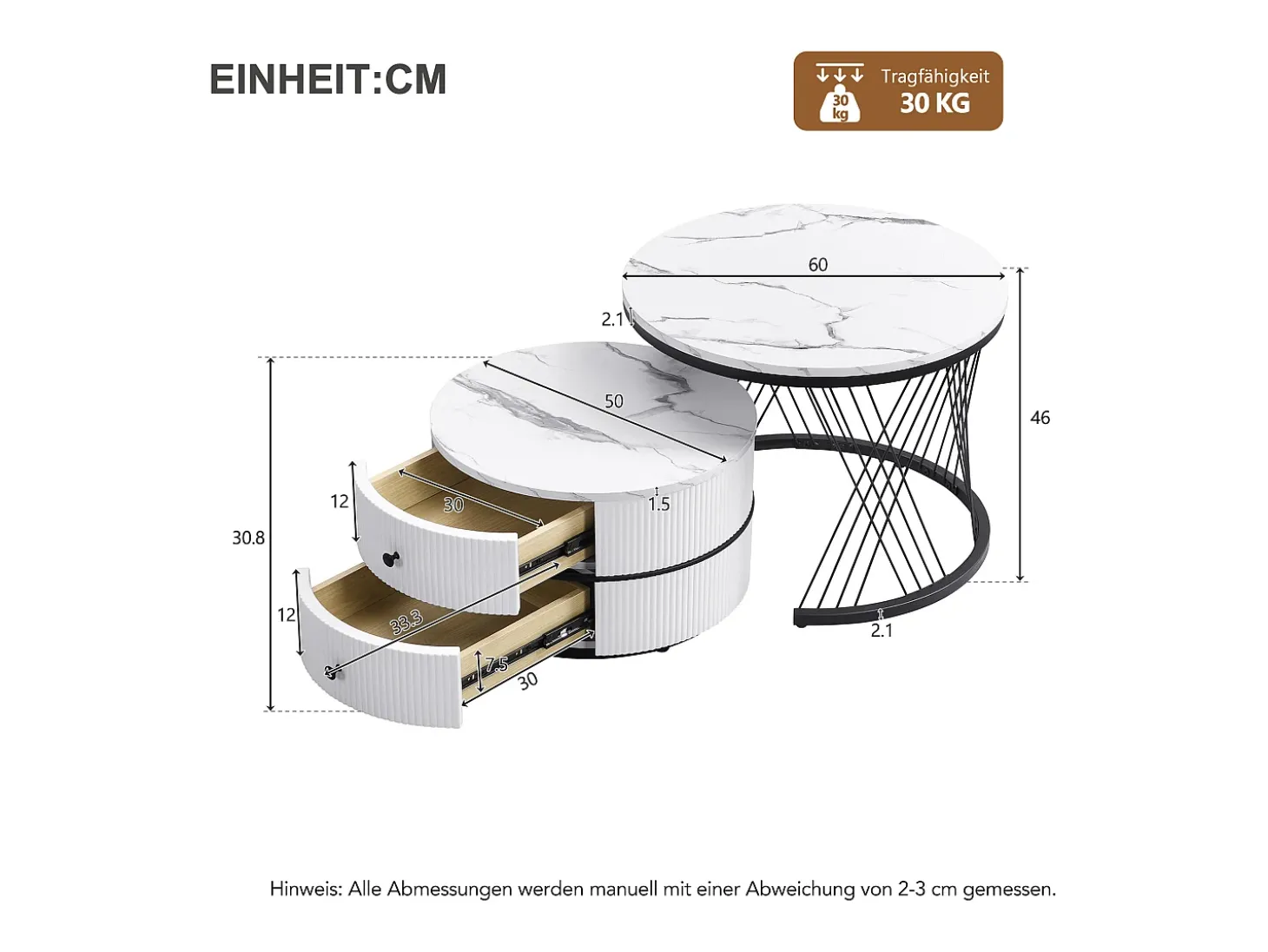 Conjunto de 2 mesas de encaixe com 2 gavetas, tampo com efeito mármore - Branco e preto