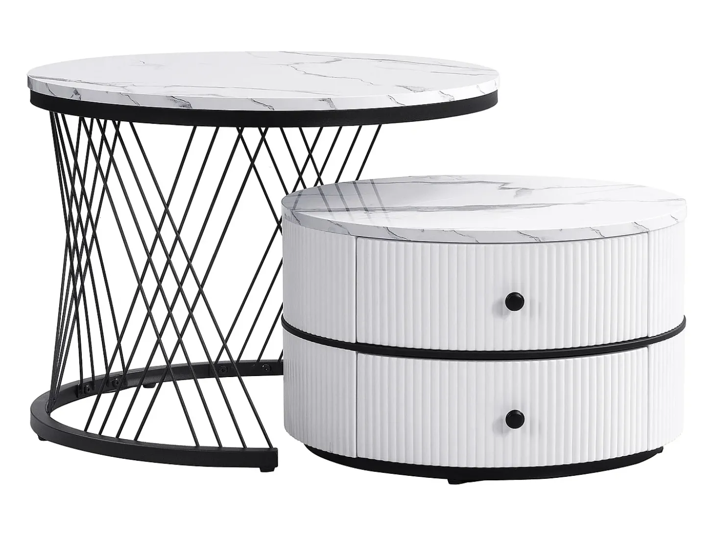 Conjunto de 2 mesas de encaixe com 2 gavetas, tampo com efeito mármore - Branco e preto