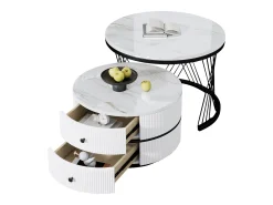 Conjunto de 2 mesas de encaixe com 2 gavetas, tampo com efeito mármore - Branco e preto