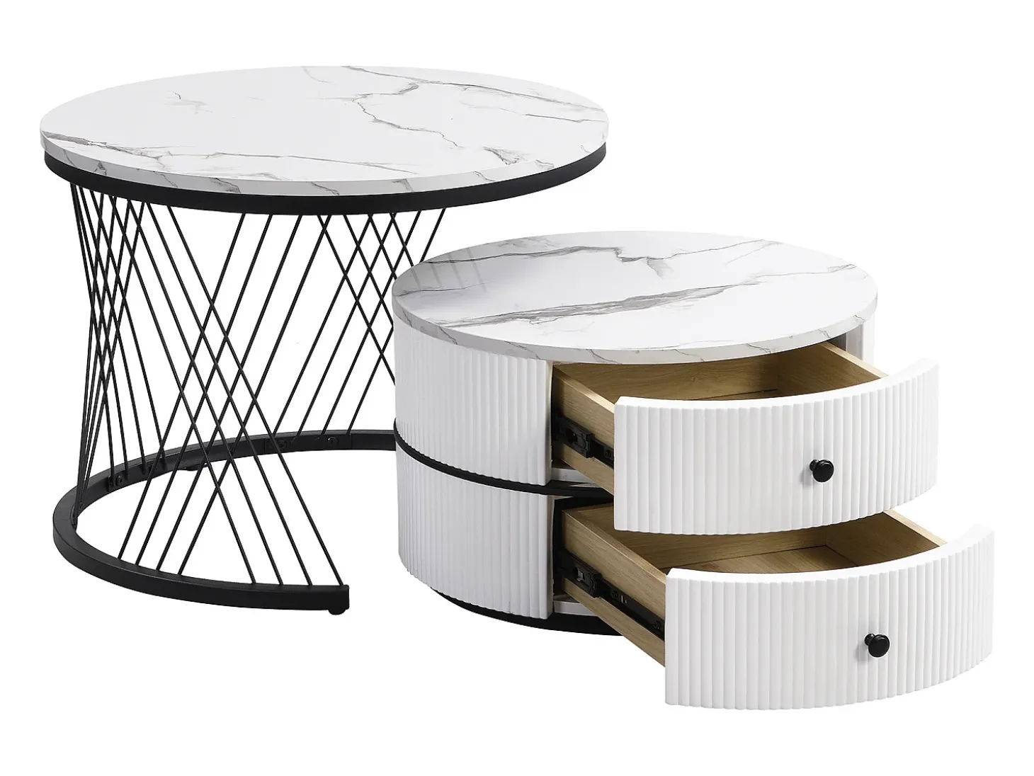 Conjunto de 2 mesas de encaixe com 2 gavetas, tampo com efeito mármore - Branco e preto