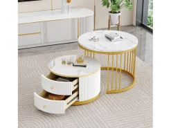 Conjunto de 2 mesas de encastrar - 2 gavetas - tampo em mármore - Branco e Dourado