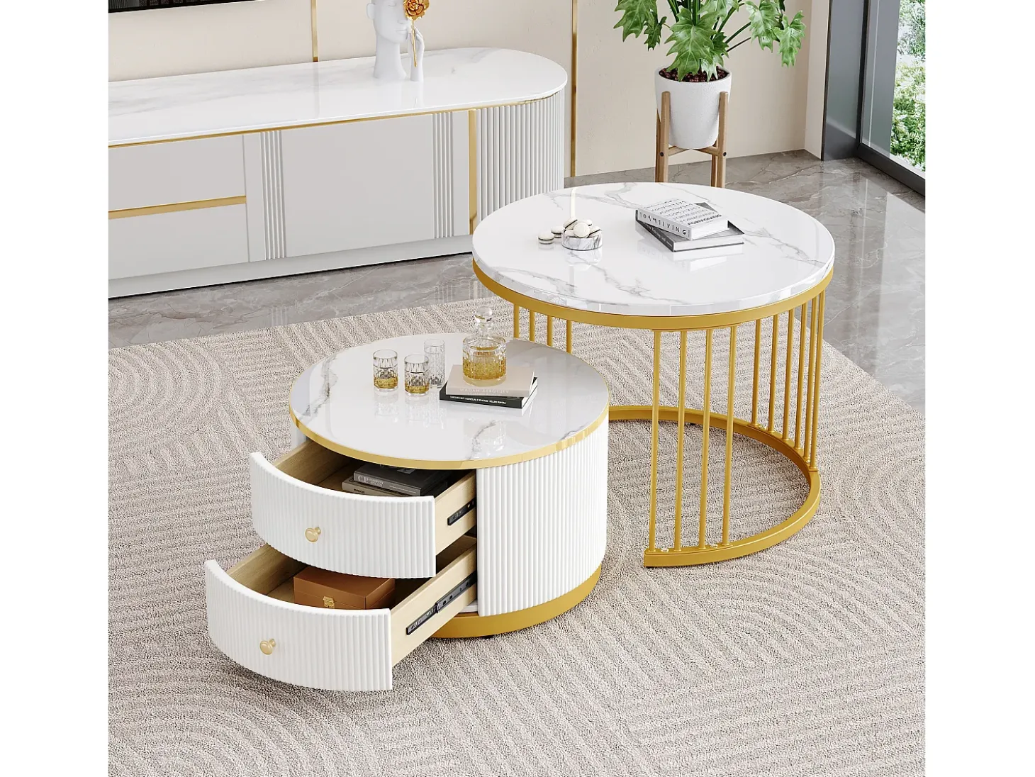 Conjunto de 2 mesas de encastrar - 2 gavetas - tampo em mármore - Branco e Dourado