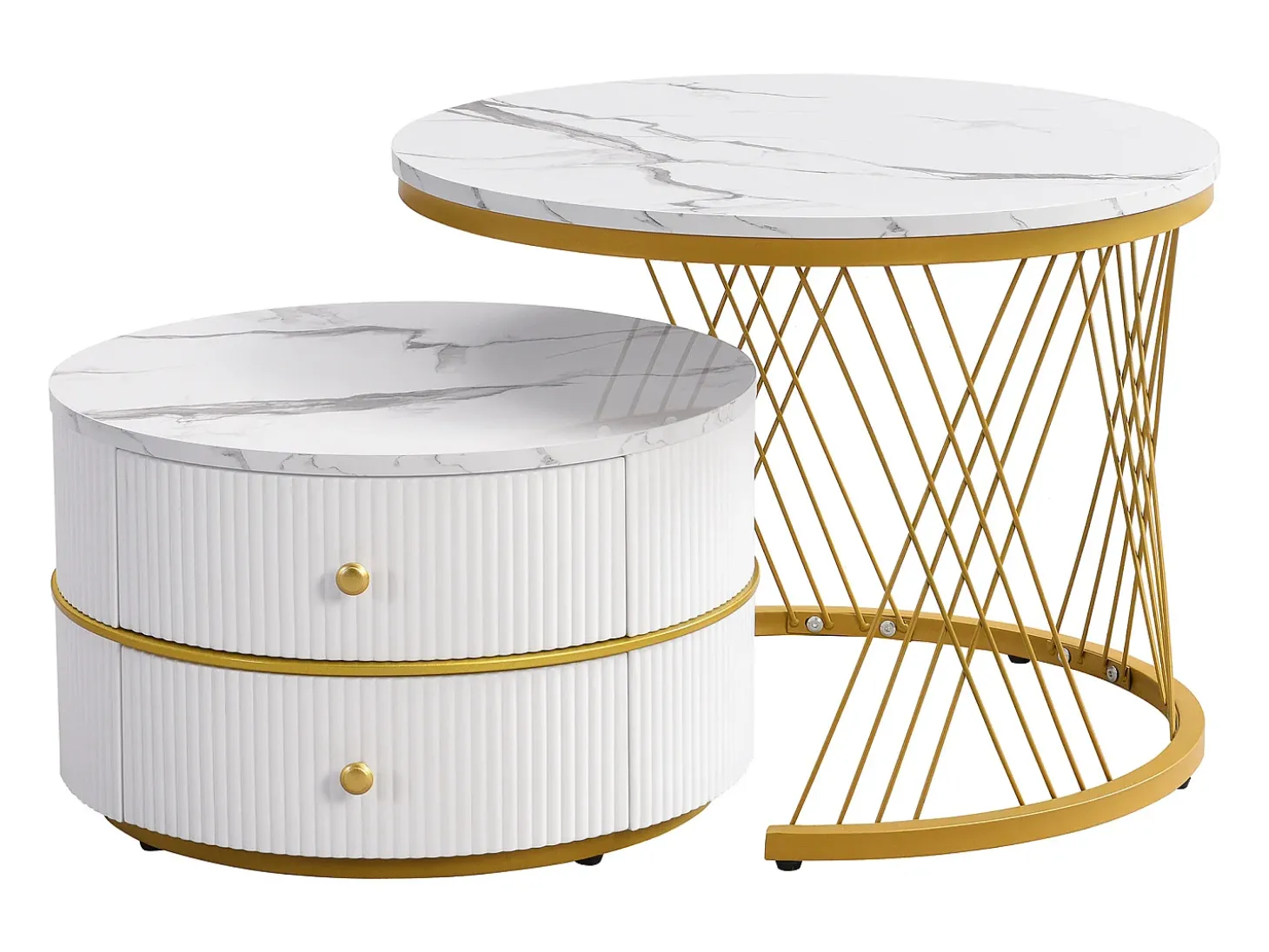 Conjunto de 2 mesas de encaixe com 2 gavetas, tampo com efeito mármore - Branco e dourado