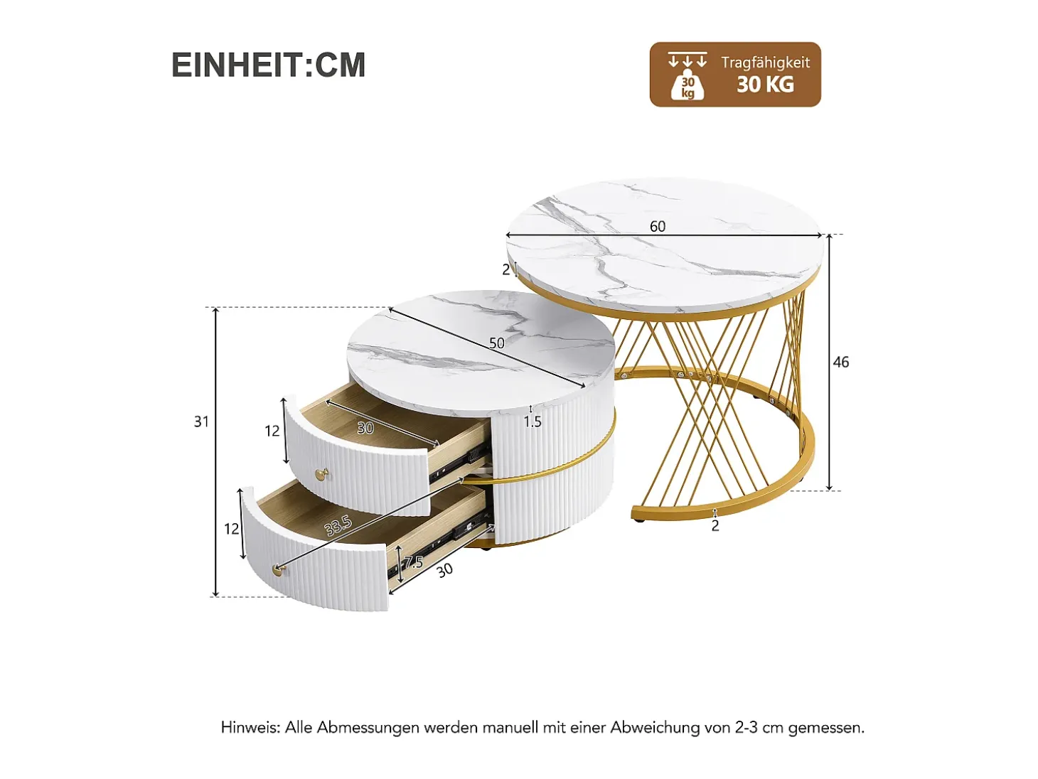 Conjunto de 2 mesas de encaixe com 2 gavetas, tampo com efeito mármore - Branco e dourado
