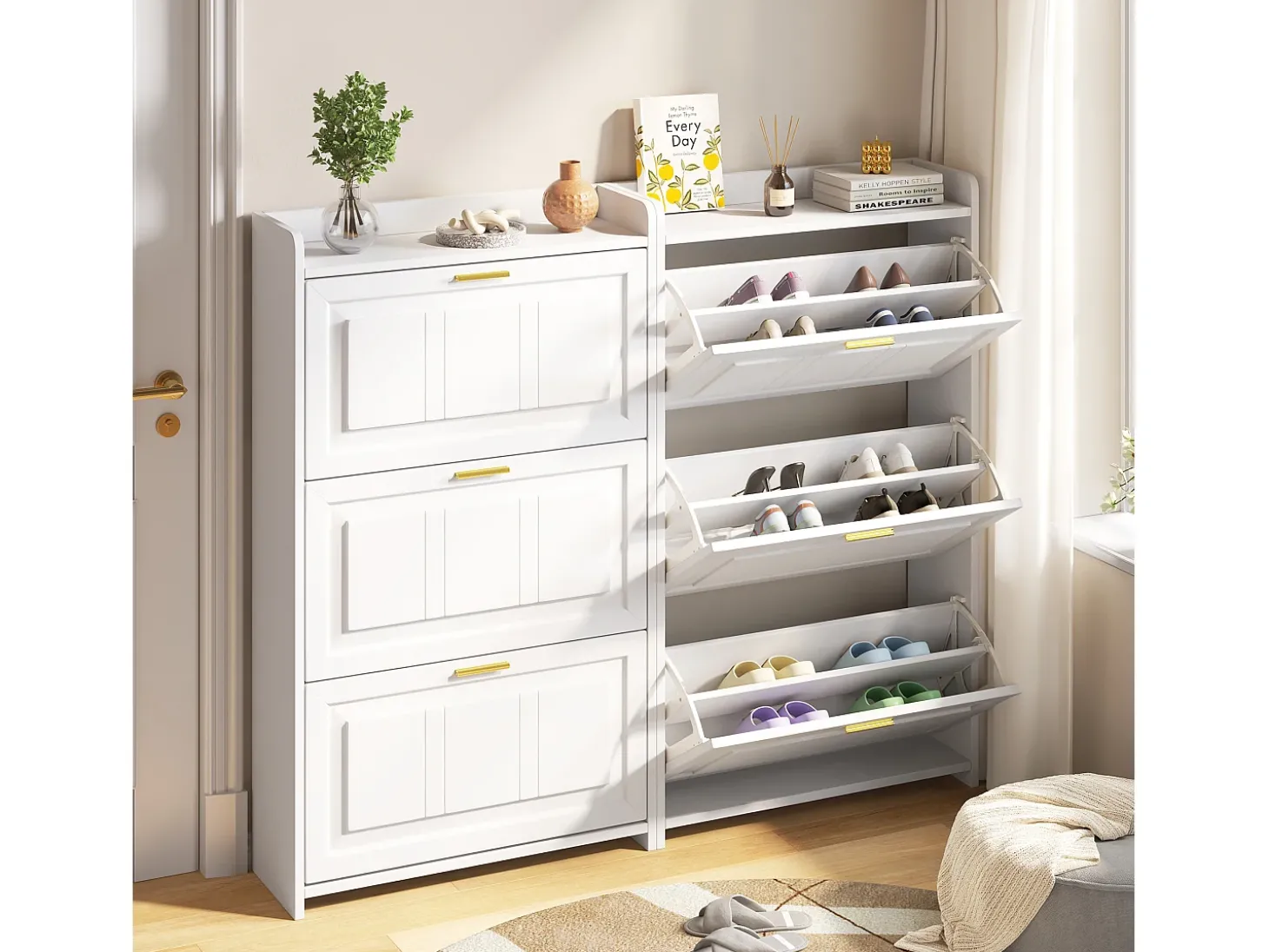 Conjunto de 2 móveis para sapatos 140x24x120 cm - 6 portas basculantes - 12 compartimentos - MDF e painéis de partículas - Branco