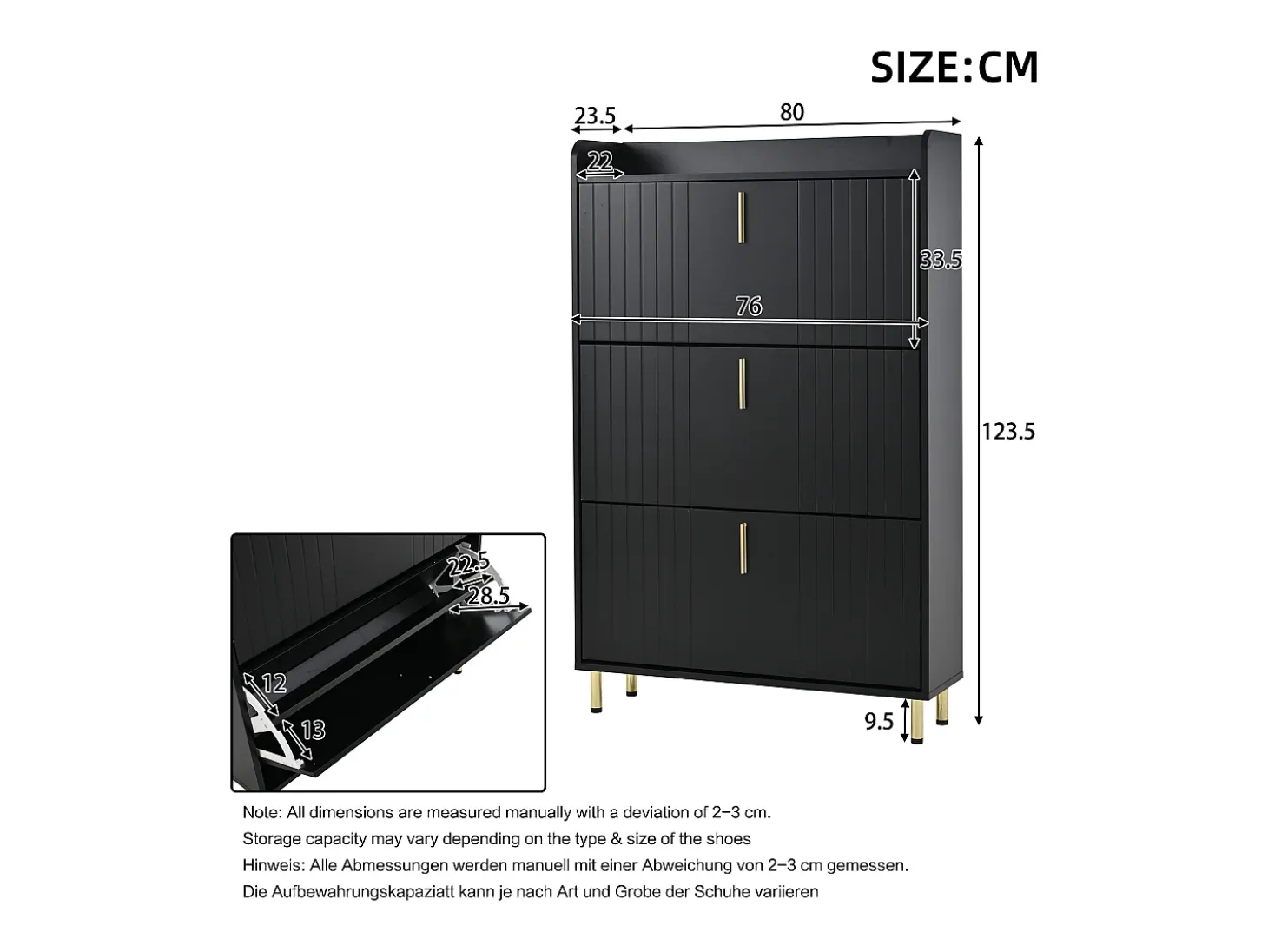 Conjunto de 2 móveis para sapatos 160x23,5x123,5 cm - 6 portas - 12 compartimentos - Altura ajustável - MDF - Preto