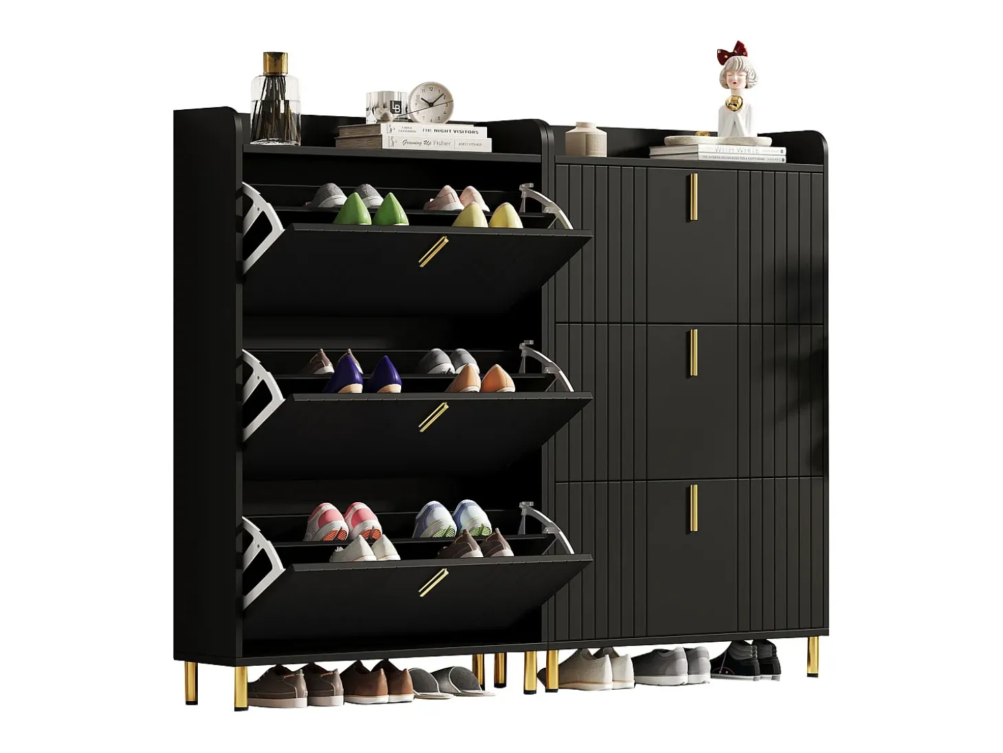 Conjunto de 2 móveis para sapatos 160x23,5x123,5 cm - 6 portas - 12 compartimentos - Altura ajustável - MDF - Preto