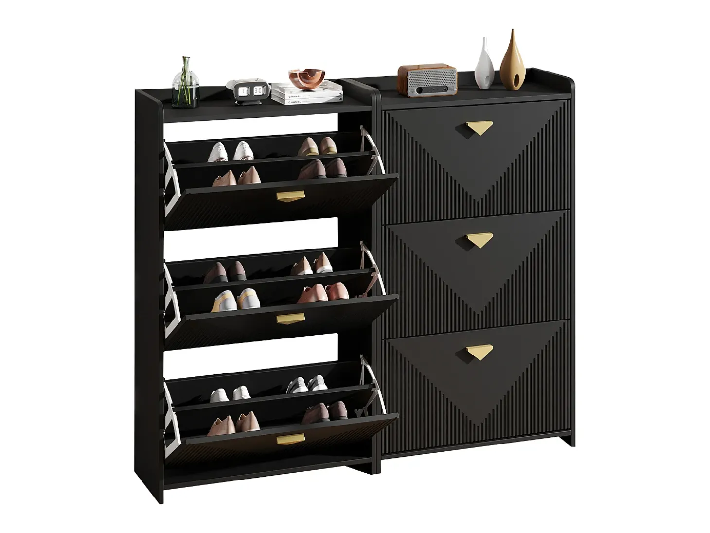 Conjunto de 2 móveis para sapatos 140x30x120 cm - 6 portas basculantes - 12 compartimentos de armazenamento - MDF - Preto