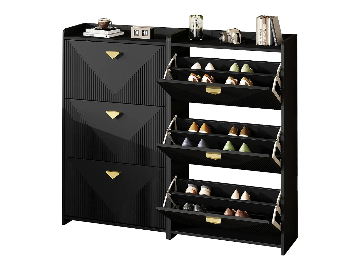 Conjunto de 2 móveis para sapatos 140x30x120 cm - 6 portas basculantes - 12 compartimentos de armazenamento - MDF - Preto