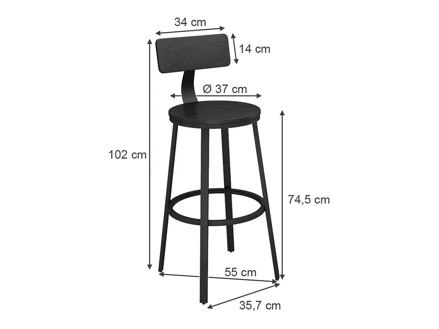 Conjunto de 2 peças de banco de bar preto 34x55x102 caracas