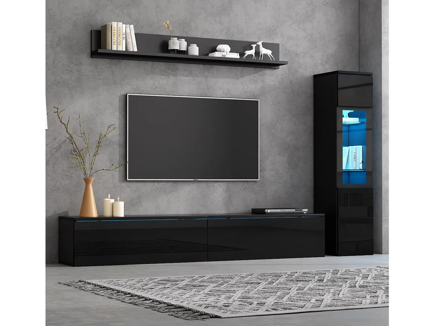 Conjunto de 3 peças para parede de TV - Suporte para TV + Vitrine + Prateleira - Preto