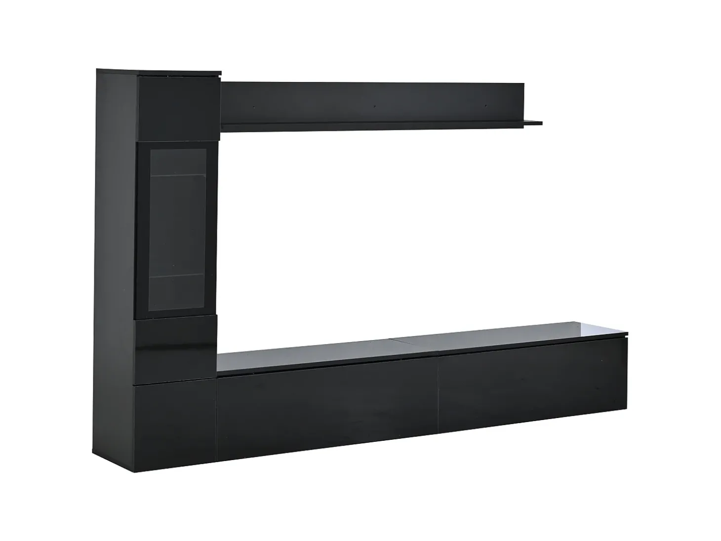 Conjunto de 3 peças para parede de TV - Suporte para TV + Vitrine + Prateleira - Preto
