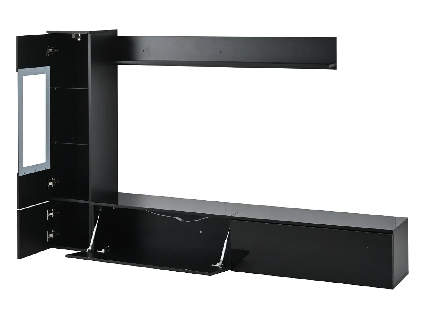 Conjunto de 3 peças para parede de TV - Suporte para TV + Vitrine + Prateleira - Preto
