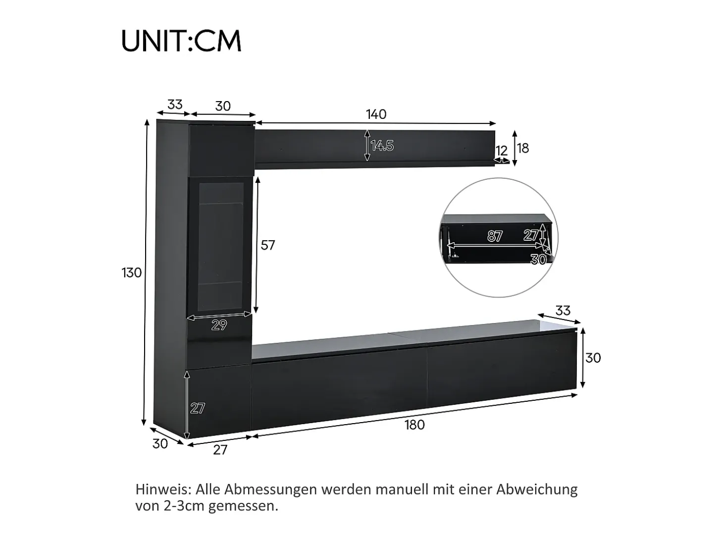 Conjunto de 3 peças para parede de TV - Suporte para TV + Vitrine + Prateleira - Preto