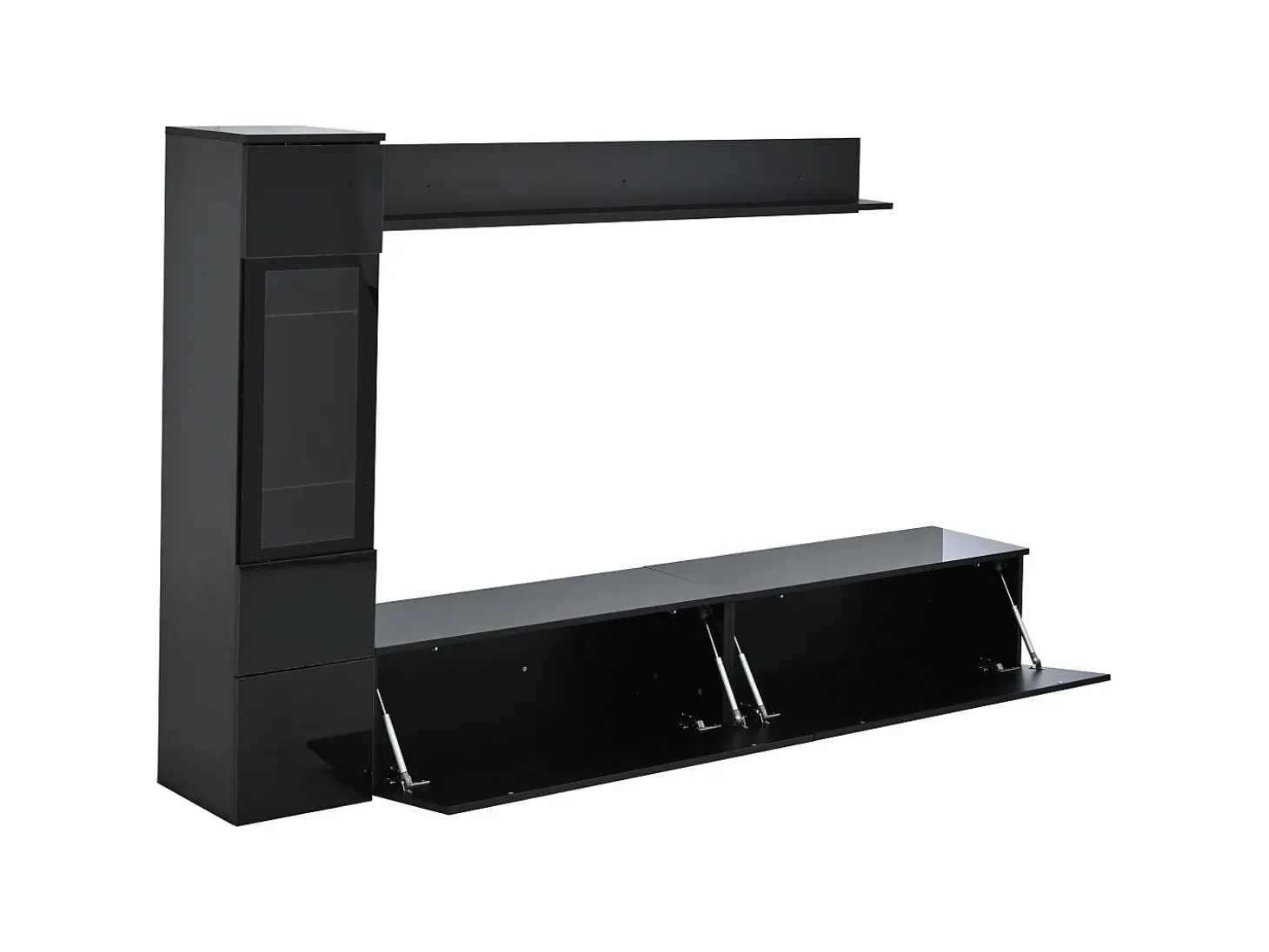 Conjunto de 3 peças para parede de TV - Suporte para TV + Vitrine + Prateleira - Preto
