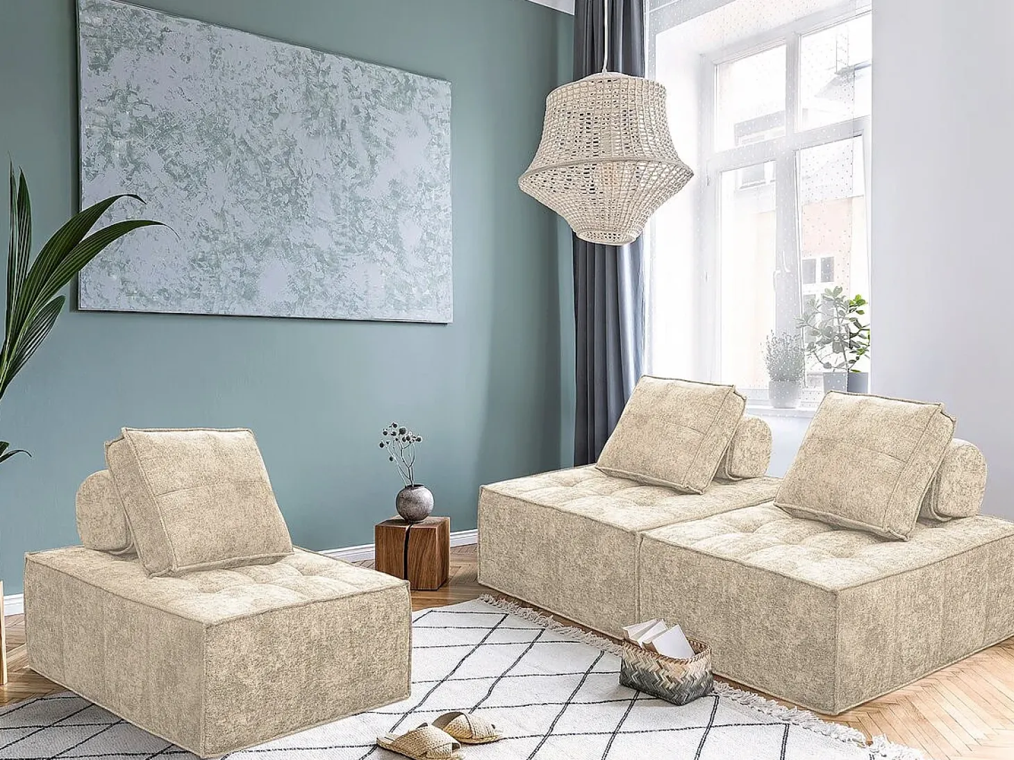 Conjunto de 3 poltronas modulares em tecido texturado "Velluto" - Bege