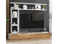 Conjunto de armário de parede - 180 x 35 x 150 cm - com móvel de TV + 2 prateleiras de parede - aglomerado - branco + natural
