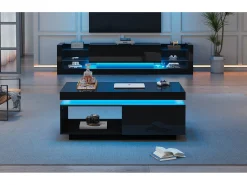Conjunto de armário de TV: 181 x 38 x 38 cm + mesa de centro: 100 x 50 x 40 cm - LEDs - Aglomerado - Preto brilhante