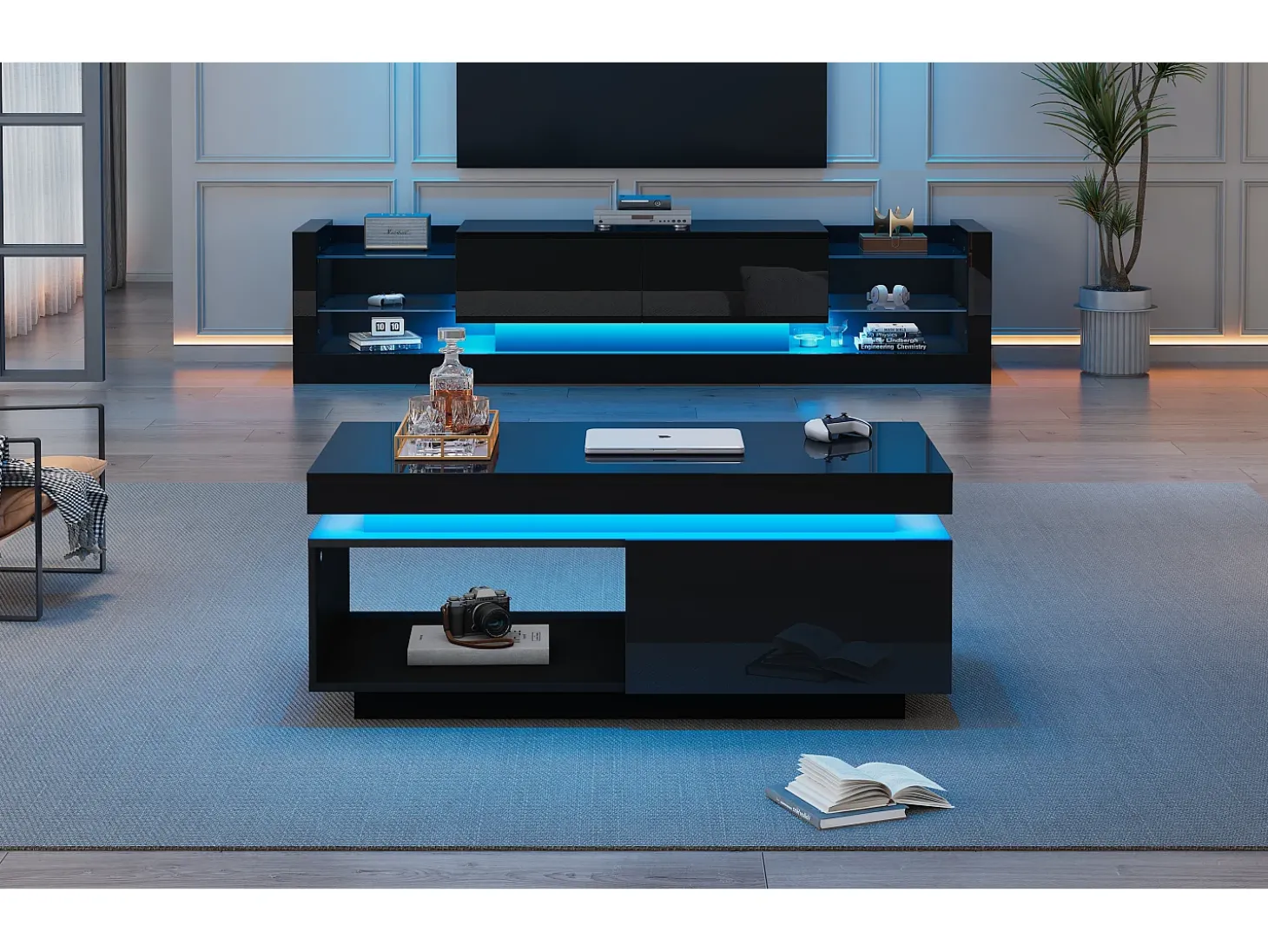 Conjunto de armário de TV: 181 x 38 x 38 cm + mesa de centro: 100 x 50 x 40 cm - LEDs - Aglomerado - Preto brilhante