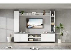 Conjunto de armário de TV de parede - 180 x 35 x 123,5 cm - com prateleira independente e 2 prateleiras de parede - aglomerado - branco
