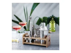 Conjunto de Cocktail 10 peças inox 18/10 com suporte de bambu natural - Shaker, colher, pilão, doseador, pinça para gelo
