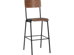 Conjunto de duas banquetas de bar de design assento marrom madeira compensada maciça e aço 1202082