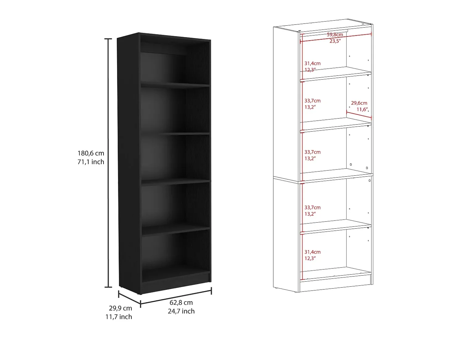 Conjunto de estante de escritório em melamina de 3 peças com prateleiras, 180.6 cm X 188.4 cm X 29.9 cm , Preto