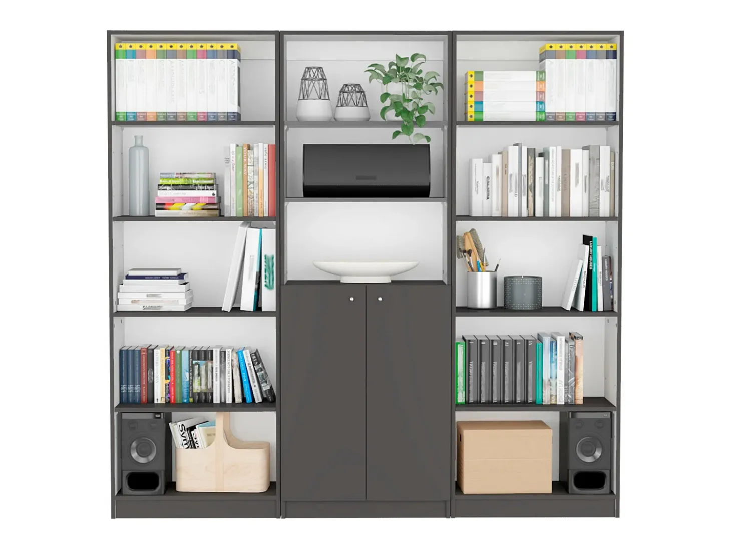 Conjunto de estante de escritório em melamina de 3 peças com prateleiras e 2 portas, 180.6 cm X 188.4 cm X 29.9 cm, Multicolor