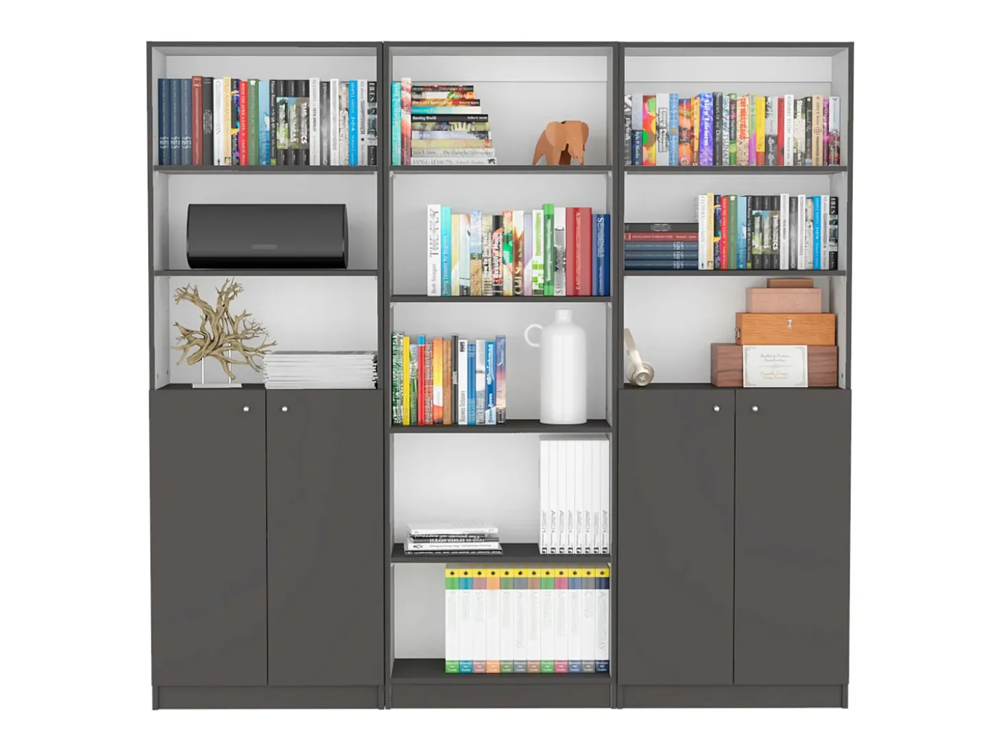 Conjunto de estante para escritório doméstico em melamina de 3 peças com prateleiras e 2 portas, 180.6 cm X 188.4 cm X 2909 cm , Multicolor
