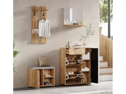 Conjunto de guarda-roupa para hall de entrada - 140 x 35 x 139 cm - com banco e sapateira + 1 espelho + prateleira de parede - aglomerado - natural + preto