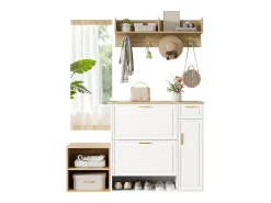 Conjunto de guarda-roupa/armário de 4 peças - com sapateira + banco + cabideiro de parede + espelho - aglomerado - branco